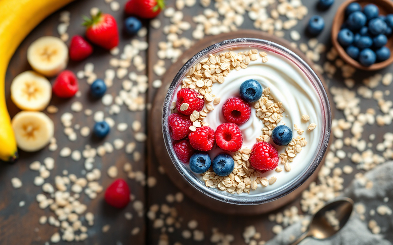 Vue plongeante d'un flat lay avec banane tranchée, baies mélangées (fraises, myrtilles), bol de yaourt onctueux et flocons d'avoine dispersés sur une table en bois, cuillère et lumière naturelle douce