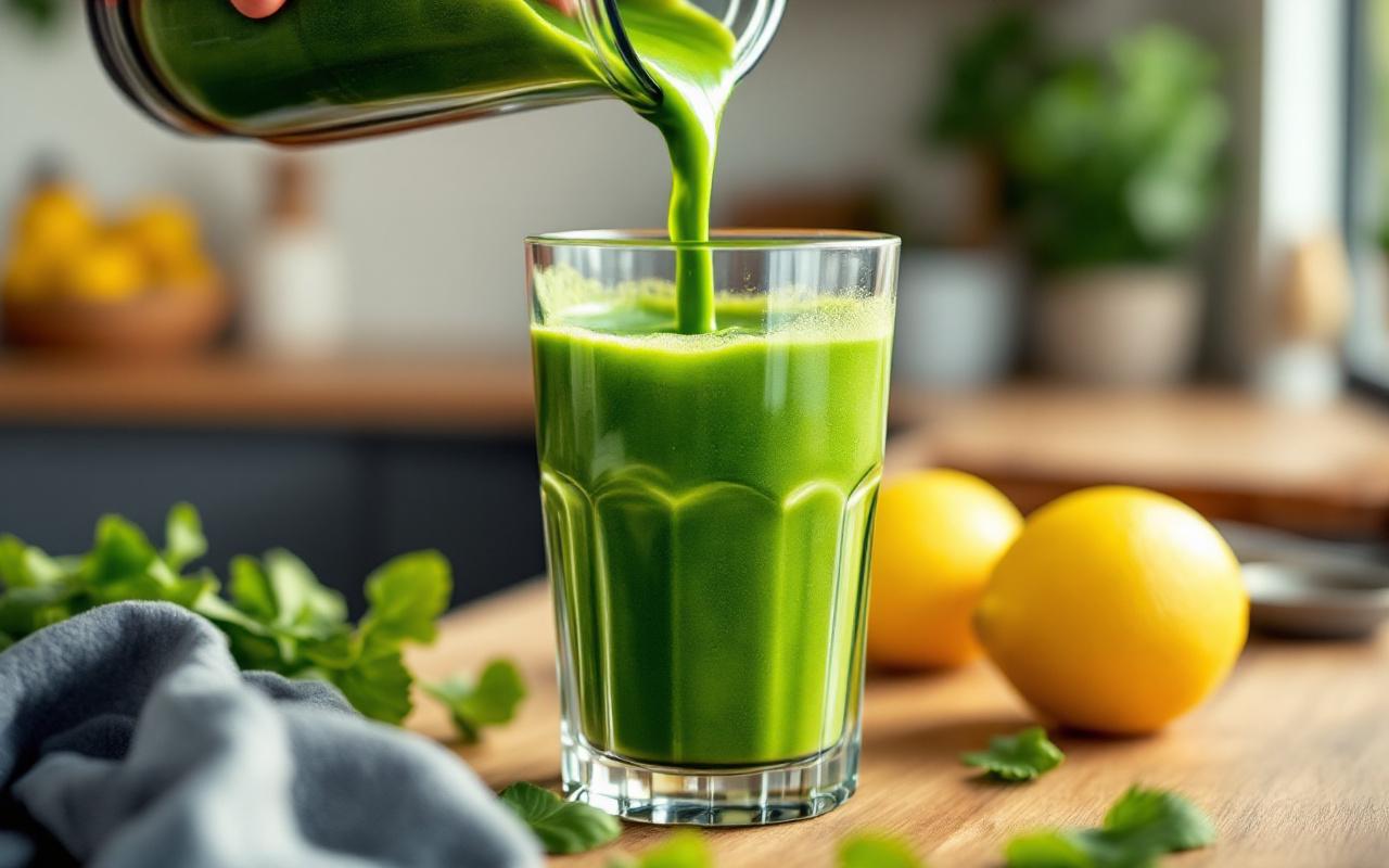 Main versant un smoothie vert d'un blender dans un verre sur un plan de travail en bois, condensation sur le verre, lumière douce matinale, feuilles d'épinard et citron à proximité