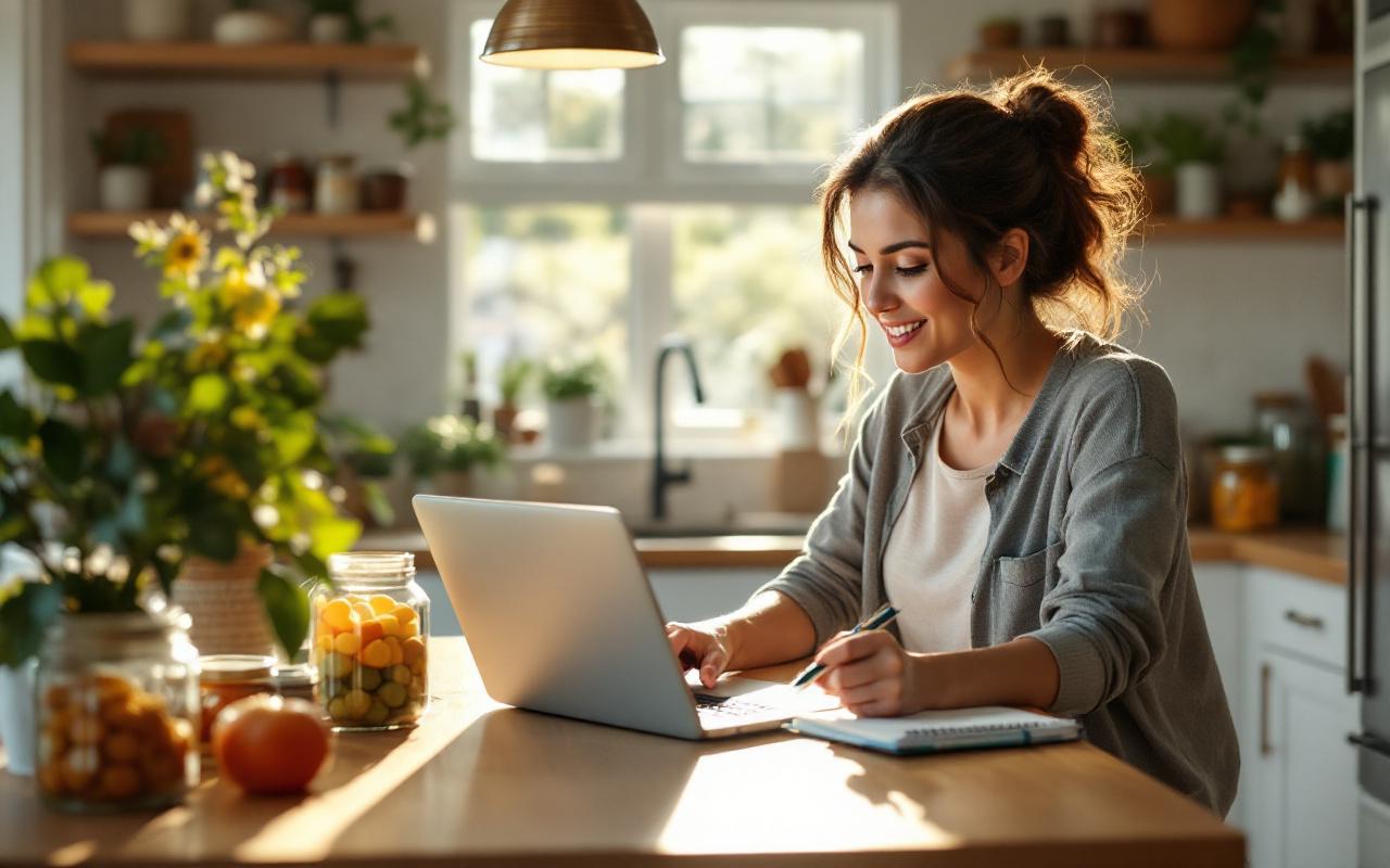 Femme d'environ 30 ans planifiant ses repas de la semaine sur un ordinateur portable tout en vérifiant des bocaux et conserves dans un garde-manger, assise à un îlot de cuisine en bois clair, lumière du matin douce et chaleureuse.