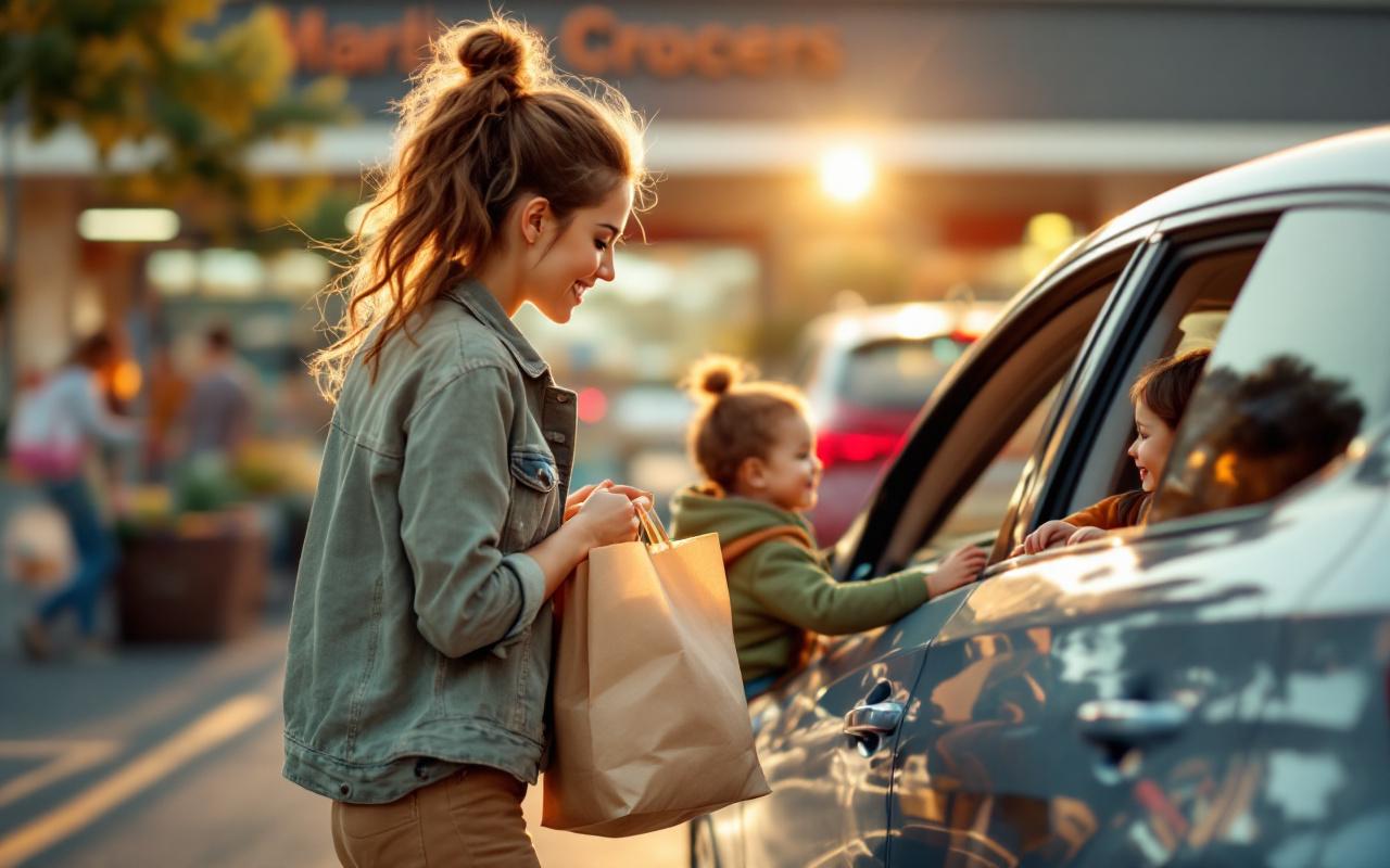 Jeune mère charge des sacs de courses dans le coffre d'une voiture au point de retrait drive d'un supermarché, lumière dorée de fin d'après-midi, ambiance naturelle, siège-auto et sacs en papier visibles.
