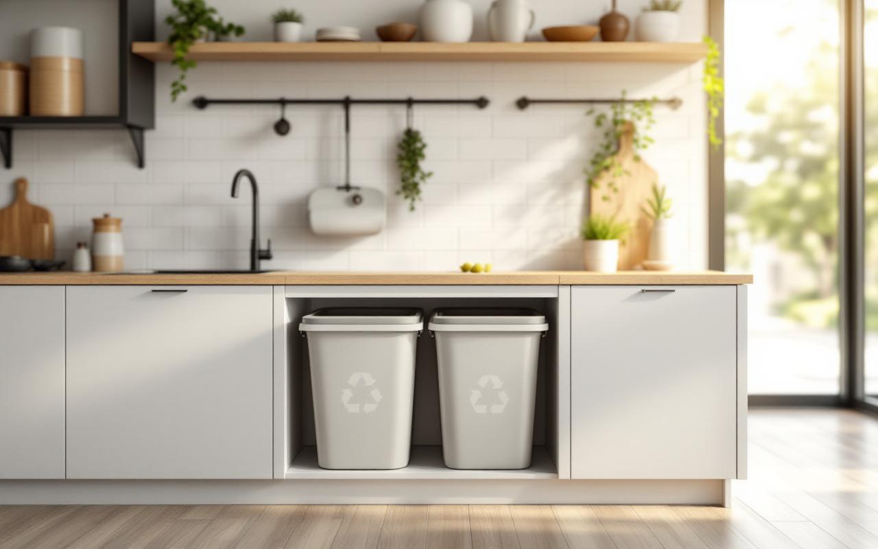 Photo réaliste d'une cuisine moderne avec des bacs de recyclage intégrés sous l'évier, armoires blanches, plan de travail en bois clair, évier inox, lumière matinale volumétrique créant une ambiance lumineuse et propre.