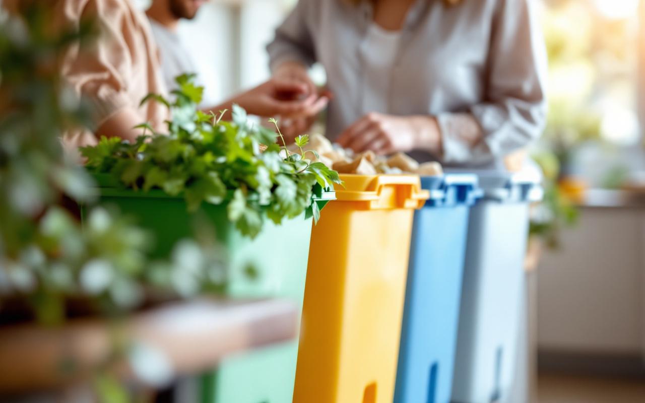 Une famille de quatre personnes trie les déchets de cuisine dans des bacs de recyclage colorés (vert, bleu, jaune) dans une cuisine moderne, lumière douce du matin, ambiance chaleureuse et naturelle.