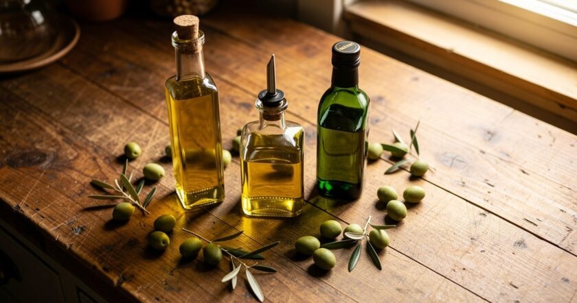 Bouteilles d huile d olive extra vierge sur une table en bois avec des olives fraiches