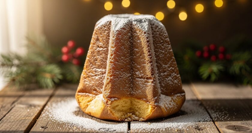 Pandoro traditionnel saupoudré de sucre glace sur une table en bois