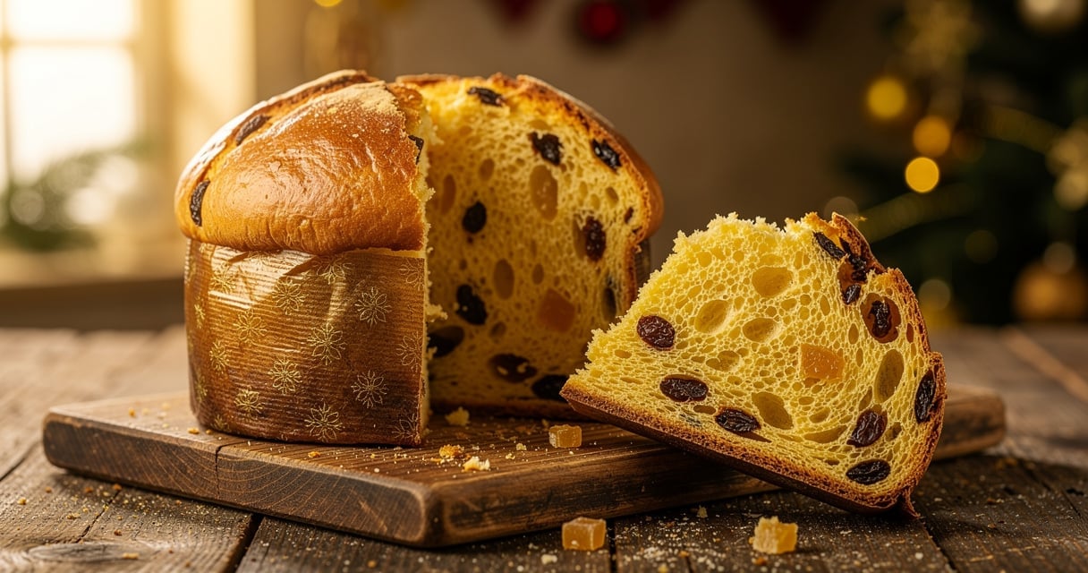 Panettone italien tranché révélant sa mie filante aux fruits confits et raisins secs
