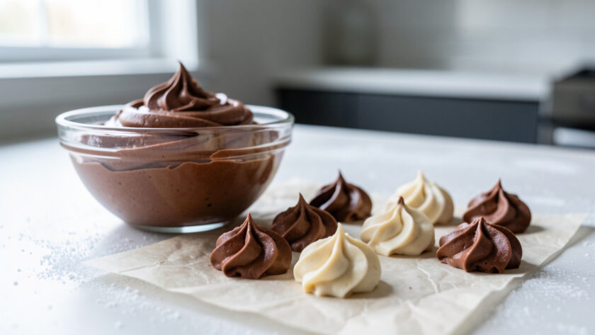 Ganache montée au chocolat dans un bol en verre, accompagnée de jolies rosaces pochées qui conservent leur tenue malgré une apparence légèrement givrée.
