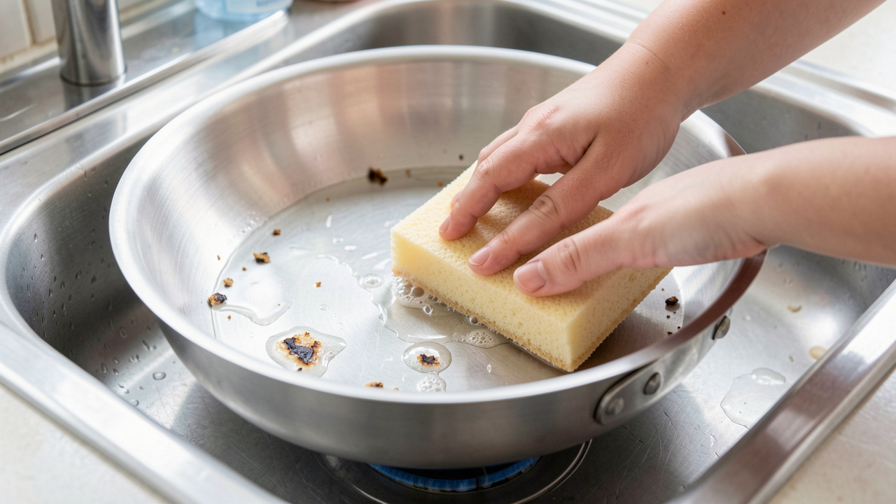 Poêle en titane nettoyée délicatement avec une éponge douce dans un évier de cuisine afin d’éliminer le gras et les résidus brûlés.