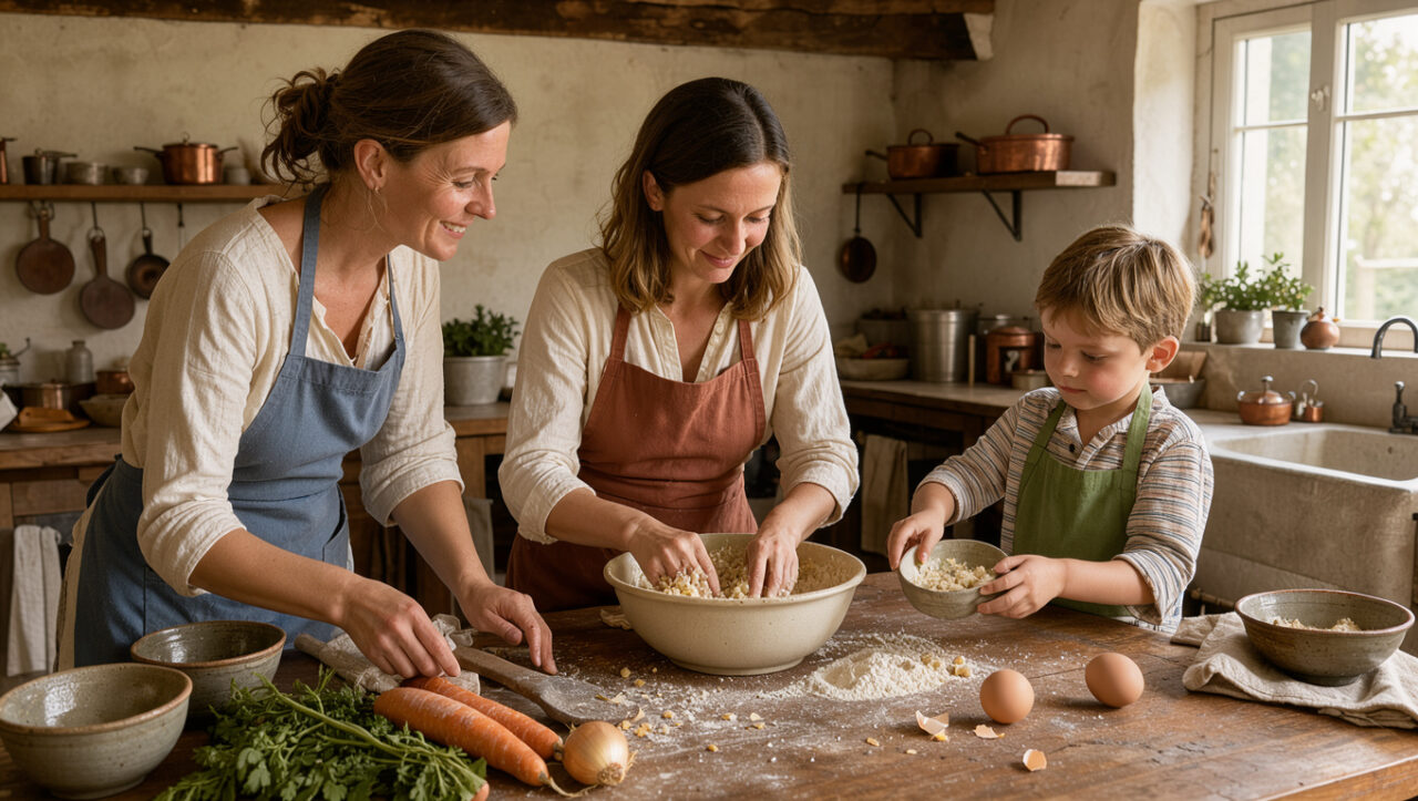 Une animatrice souriante guide une mère et son jeune fils qui préparent une recette sur un grand plan de travail dans une cuisine familiale lumineuse en Normandie.