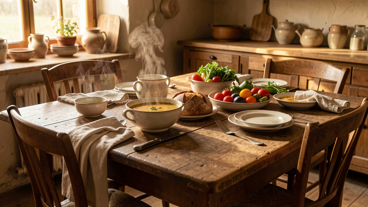 Table familiale française du début du XXe siècle avec soupe fumante, pain de campagne, légumes de saison et lumière dorée.